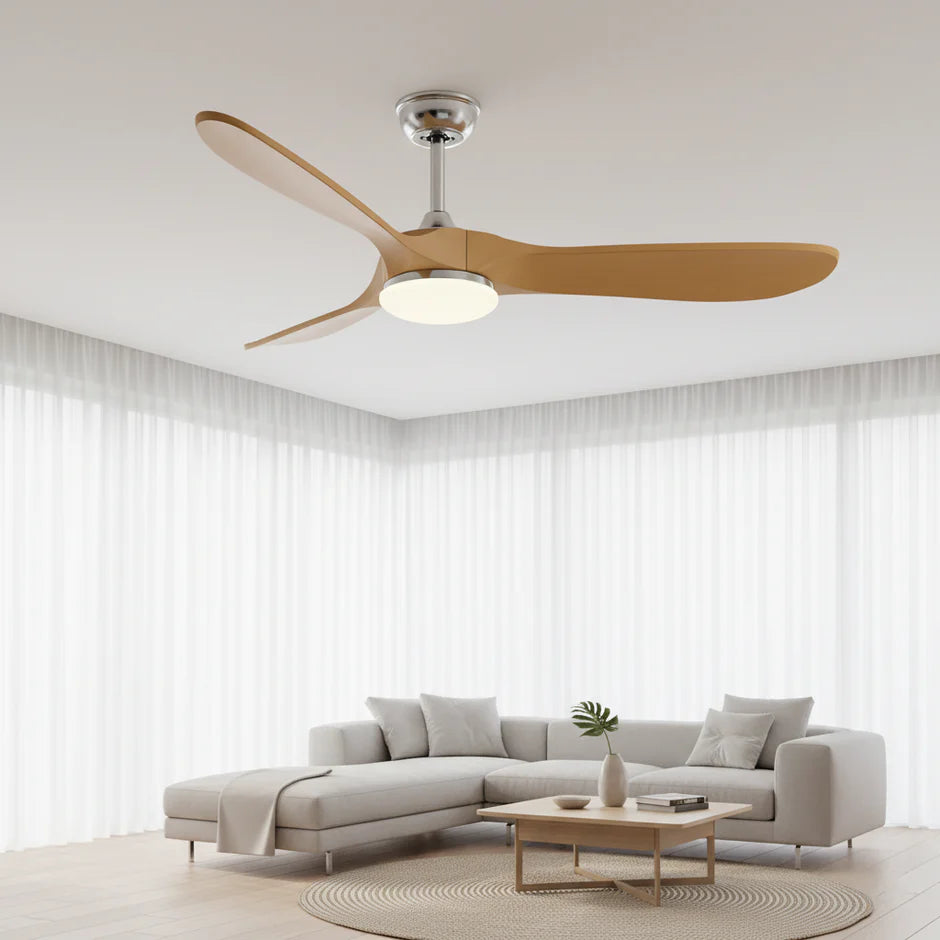 Silent Vintage Ceiling Fan with LED - Silver and Natural Brown ABS