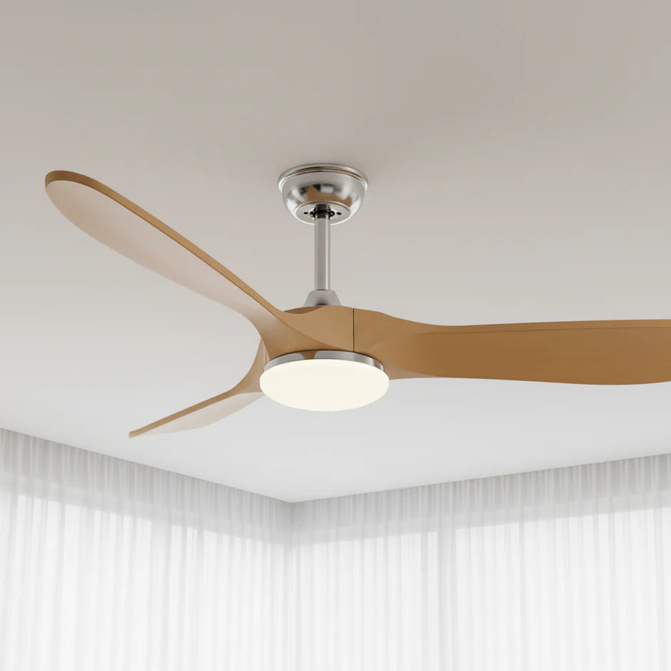 Silent Vintage Ceiling Fan with LED - Silver and Natural Brown ABS