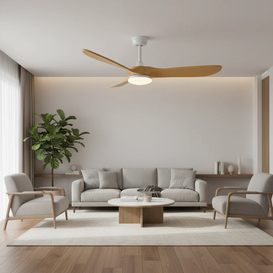 Quiet Vintage Ceiling Fan with LED - White and Natural Brown ABS