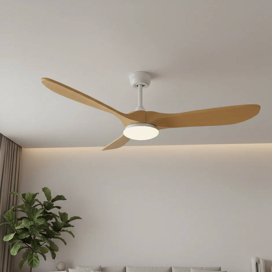 Quiet Vintage Ceiling Fan with LED - White and Natural Brown ABS