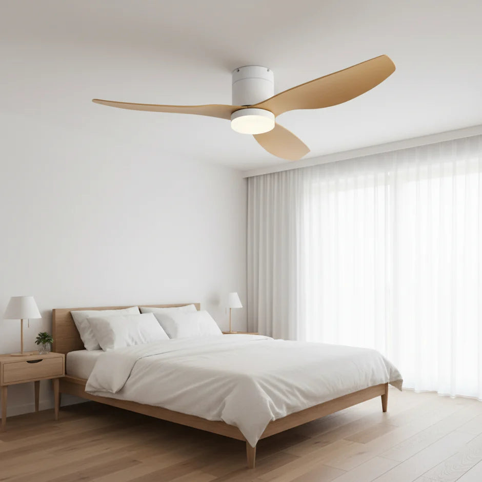 Silent Ceiling Fan with Integrated LED - White & Light Wood ABS
