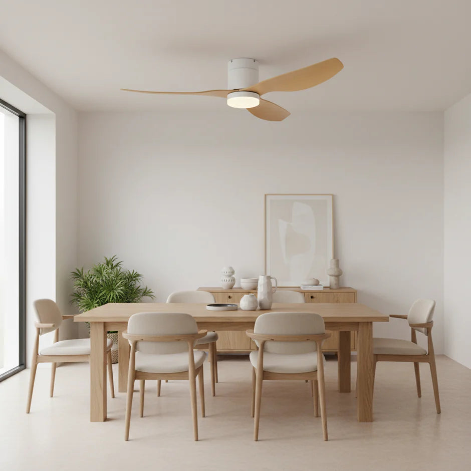 Silent Ceiling Fan with Integrated LED - White & Light Wood ABS