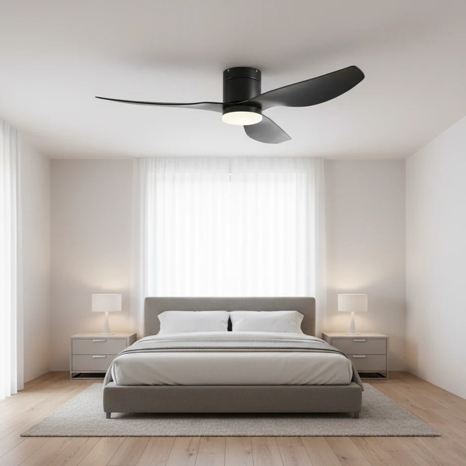 Quiet Ceiling Fan with Integrated LED Light - Black & Black ABS