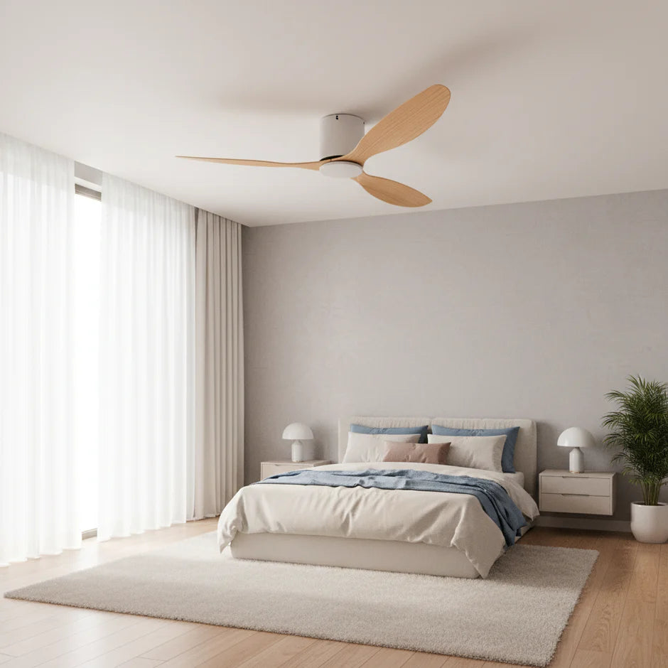 Silent DC Motor Ceiling Fan - White & Light Wood ABS