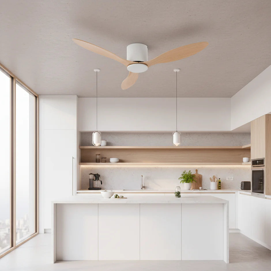 Silent DC Motor Ceiling Fan - White & Light Wood ABS